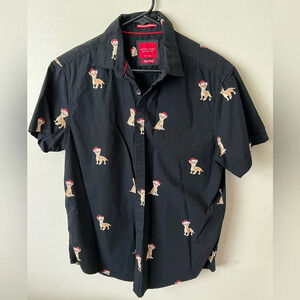 Men’s Denim & Flower Santa Chihuahua Christmas Holiday Black Button Shirt Top M